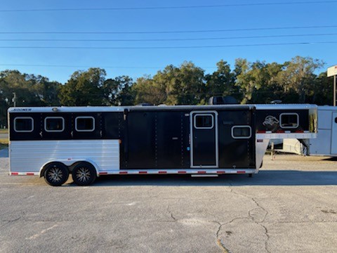 2014 Sooner (3) horse slant load living quarter trailer with a 10’ Conversion that has an A/C unit, furnace, dinette, lots of cabinets, microwave, sink, cooktop, 6cu fridge & freezer and a large closet.  