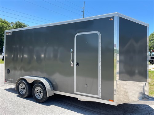 2018 Legend 18’ Cargo Trailer with an interior height at 7’ tall x 7’ wide x 18’ long, escape door, E-Track on the walls and a cable assisted rear ramp.  All Aluminum,  spare tire.  