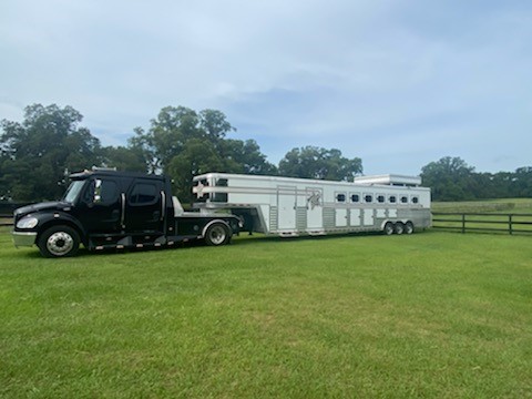 (Package Deal) 2006 Freightliner Crew Cab Sport Chassis with a CAT C-7 Diesel Engine with only 159,000 miles, automatic transmission and a 2006 Bloomer (7) horse trainers trailer! 